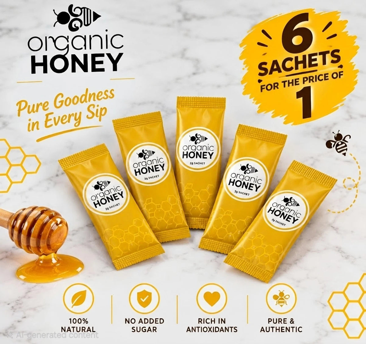 Organic Honey Sachets 6 Pack 10g Natural Royal Jelly Bee Pollen Herbal Energy