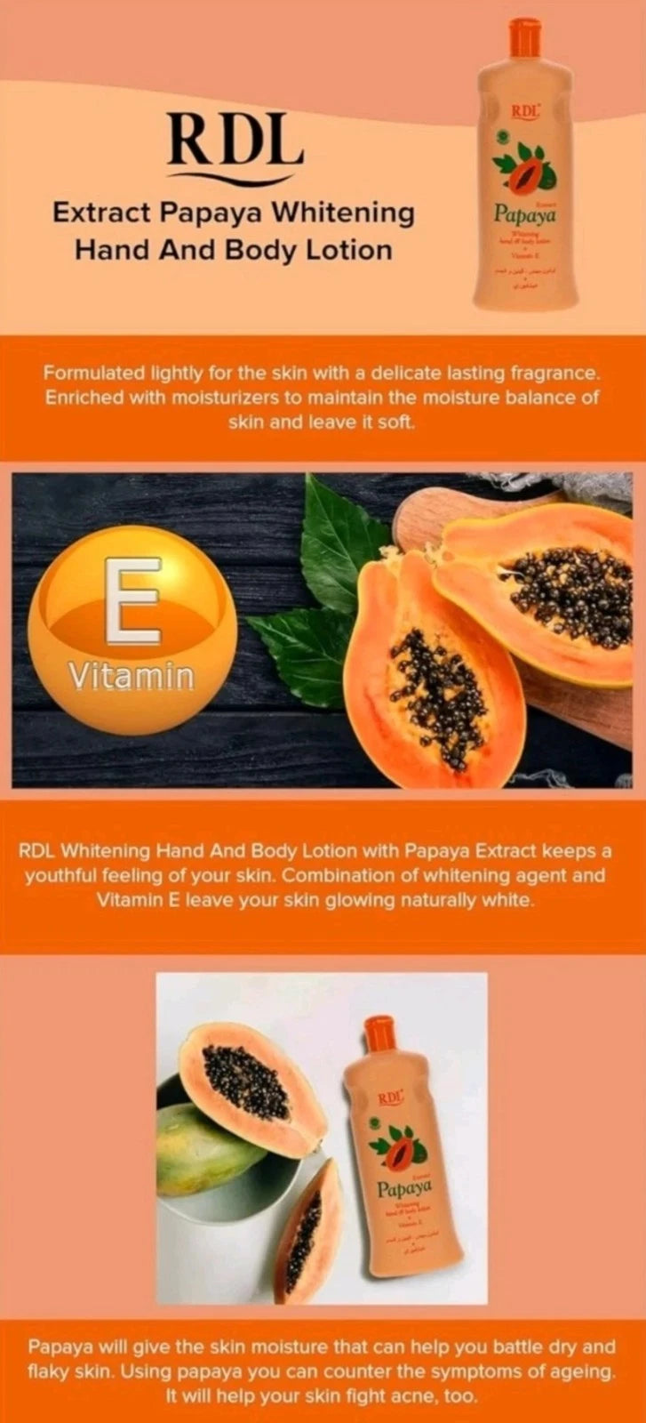 Papaya Extract Hand and Body Whitening Lotion Enriched with Vitamin E 600ml